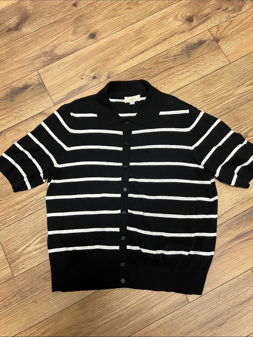 #800 LOFT Black and White Striped Short-Sleeve Button Cardigan